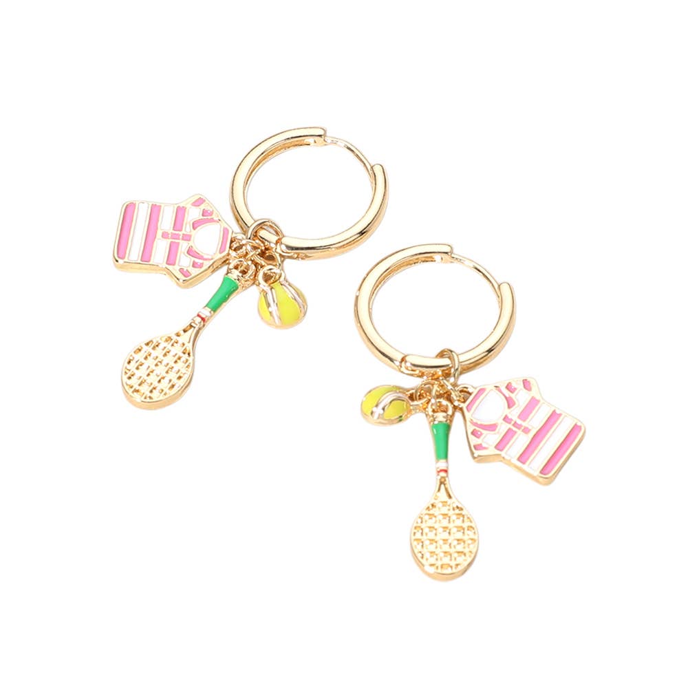 Enamel Tennis Charm Dangle Huggie Hoop Earrings